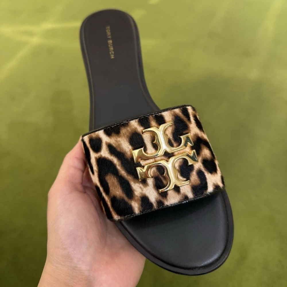 Tory Burch Everly Leopard Haircalf Slide Sandals‎ Gold Double T $350